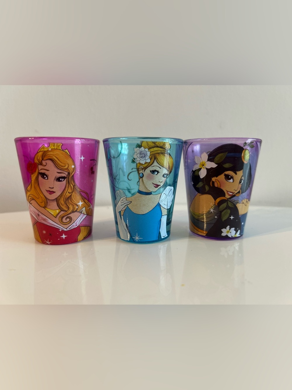 Disney Princess Shot Glass Trio - Pink, Blue & Purple Royal Designs